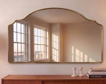 Stepped Arch Horizontal Brass Mirror, Decorative Fireplace Mirror for Over Mantle Display, Statement Wall Mirror for Your Decor