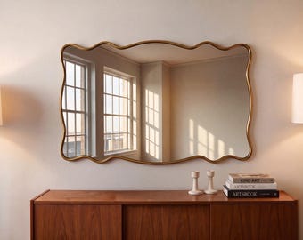 Handmade Authentic Brass Wavy Wall Mirror | Wide Horizontal Scalloped Mirror | Elegant Vanity Decor for Bathrooms & Living Rooms