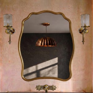 Unlacquered Brass Serpentine Edge Mirror, Arched Crest Vertical Soft Rectangle, Elegant Over The Sink Vanity Decor, Heritage Home Style