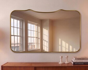 Double Crest Horizontal Brass Mirror, Aesthetic Wall Mirror For your Interior