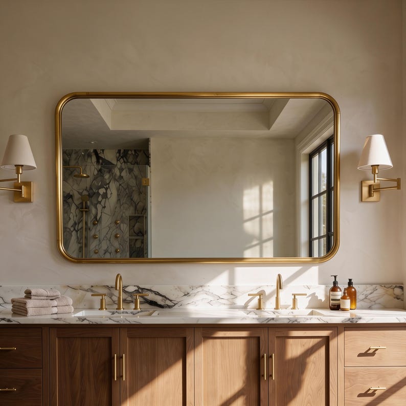 A radiant gold horizontal handmade wall mirror with soft rounded corners bringing light to a modern double vanity.