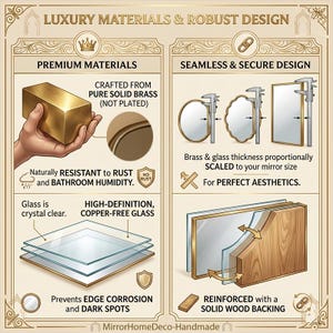 May include: An infographic titled LUXURY MATERIALS & ROBUST DESIGN detailing mirror construction. It features a solid brass block, copper-free glass layers, and a solid wood backing. Diagrams show calipers measuring brass and glass thickness for various mirror shapes.