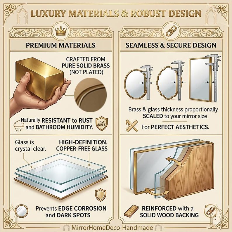 May include: An infographic titled LUXURY MATERIALS & ROBUST DESIGN detailing mirror construction. It features a solid brass block, copper-free glass layers, and a solid wood backing. Diagrams show calipers measuring brass and glass thickness for various mirror shapes.