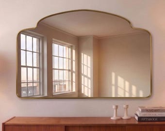 Soft Crown Landscape Brass Mirror, Horizontal Design, Customizable Size