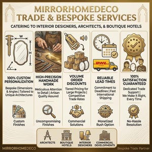 May include: An infographic titled MIRRORHOMEDECO TRADE & BESPOKE SERVICES featuring five columns: 100% Custom Personalization with calipers, High-Precision Handmade Work, Volume Order Discounts, Reliable Lead Times with a DHL truck, and 100% Satisfaction Guaranteed. Bottom icons represent architects, hotels, designers, and developments.
