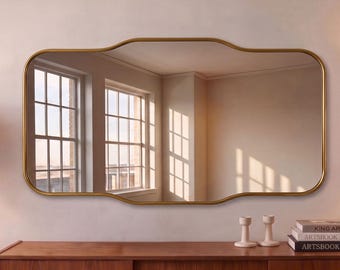 Wide Horizontal Wall Brass Mirror, Elegant Mirror Decor for Bathrooms & Living Rooms, Aesthetic Design for Interiors