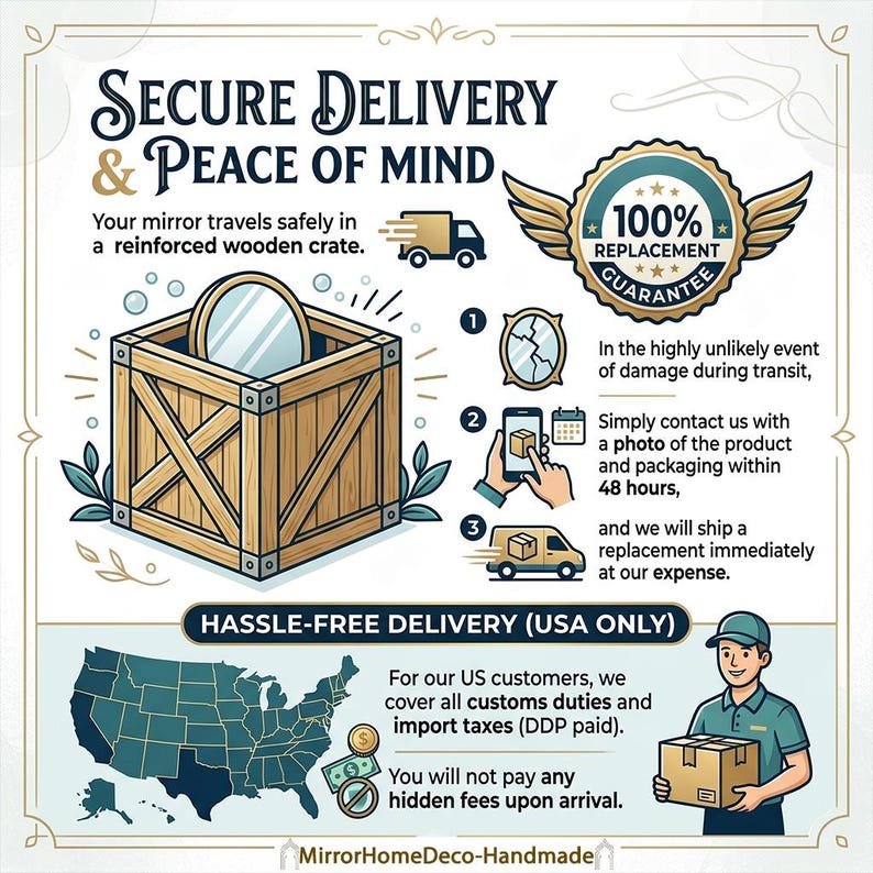 May include: An infographic titled SECURE DELIVERY & PEACE OF MIND showing a round mirror in a wooden crate, a 100% replacement guarantee badge, a three-step damage reporting process, and a map of the USA with a delivery person holding a box.