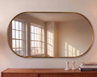 Horizontal Capsule Brass Mirror, Double Vanity Pill Shaped Mirror for Modern Bathrom, New Home Deco