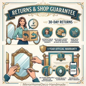 May include: An infographic titled RETURNS & SHOP GUARANTEE featuring a 30-day returns policy, a 1-year official warranty, and illustrations of a person with a package, a mirror being cleaned, and a warranty certificate with the text MirrorHomeDeco-Handmade.