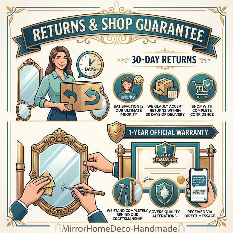 May include: An infographic titled RETURNS & SHOP GUARANTEE featuring a 30-day returns policy, a 1-year official warranty, and illustrations of a person with a package, a mirror being cleaned, and a warranty certificate with the text MirrorHomeDeco-Handmade.