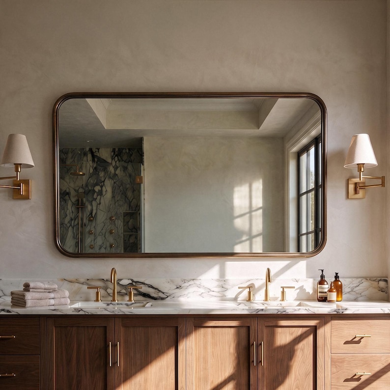 A burnished bronze wide horizontal wall mirror offering sophisticated warmth to a contemporary master bath decor.