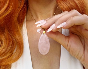 Rose Quartz Necklace: 18K Gold PVD Plated Stainless Steel, Waterproof