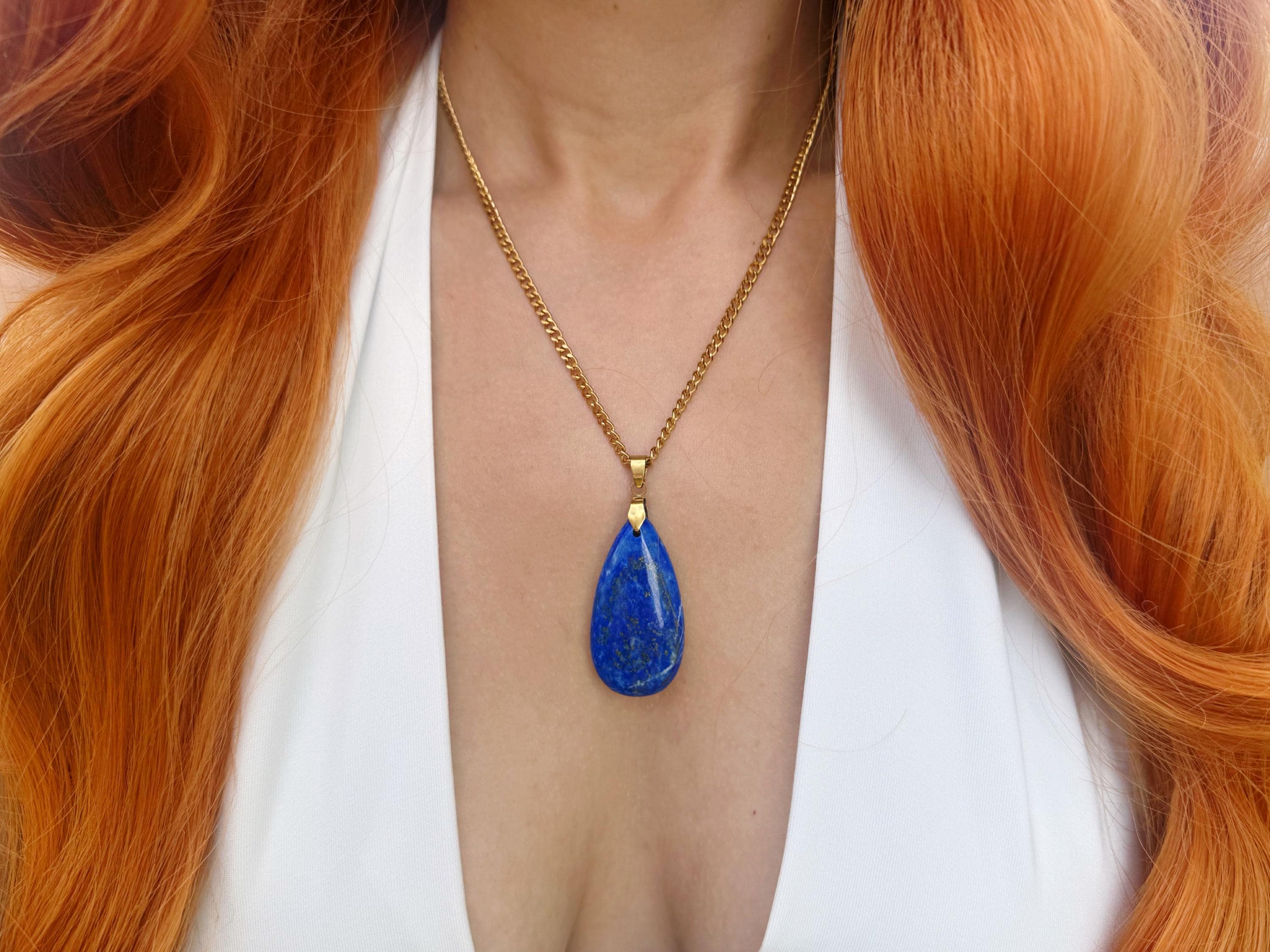 Lapis Lazuli Stone Necklace: 18K Gold PVD Plated, Waterproof, Large Pendant