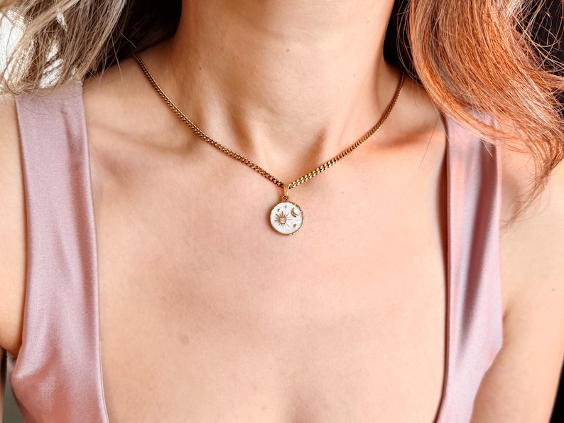 Sun Moon Necklace, Celestial Coin Pendant, Gold Dainty Jewelry image 3