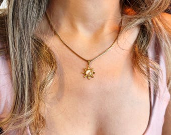 Sunflower Necklace, Gold Flower Pendant with Cat Eye Stone, Minimalist Floral Jewelry
