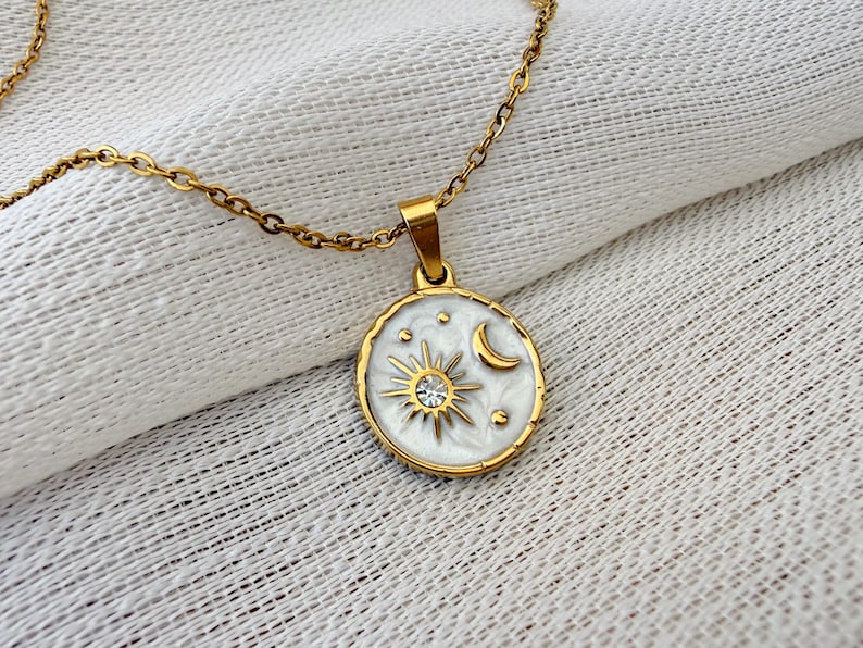 Sun Moon Necklace, Celestial Coin Pendant, Gold Dainty Jewelry image 14