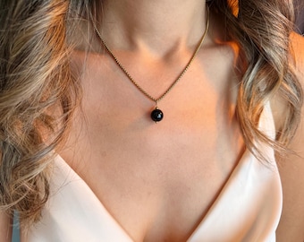 Onyx Necklace, Natural Black Gemstone Jewelry, Minimalist Gold Dainty Gift