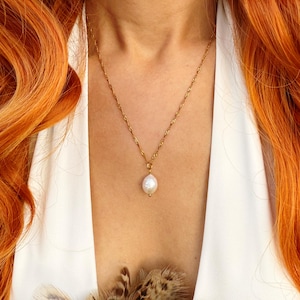 Pearl Necklace, 10mm Real Freshwater Pearl Pendant, 18K Gold PVD Plated Stainless Steel,Waterproof, Non-Tarnish,Hypoallergenic, Custom Chain