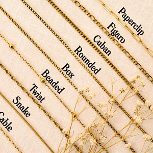 May include: A collection of gold-toned metal chains arranged diagonally, labeled with the text: Cable, Snake, Twist, Beaded, Box, Rounded, Cuban, Figaro, and Paperclip. Each chain features a distinct link style, showcasing variety in texture and design.