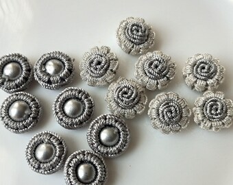 Silver Moroccan art silk  beads/buttons, handmade, round set of 14