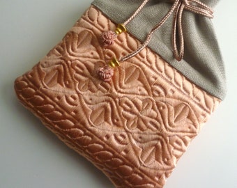 Moroccan bag,  drawstring pouch,  Moroccan embroidered fabric, purse / bag , peach and beige