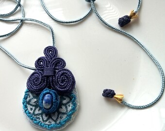 Linen Moroccan pendant necklace with violet and peacock blue art silk , adjustable