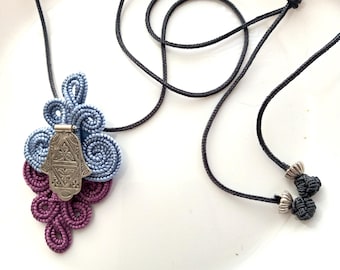 Silver khamsa pendant necklace with violet blue and dusky pink art silk, adjustable