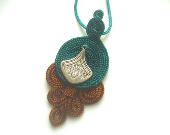 Moroccan Silver  charm  pendant necklace with turquoise and sienna art silk, adjustable