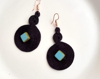 Moroccan arabesque earrings, dark purple art silk, handmade, summer earrings