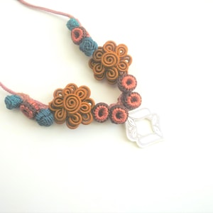 Moroccan Silver Pendant Necklace: Sienna, Emerald Soutache Flower Art Silk