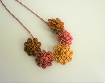 Soutache flower necklace, Moroccan necklace, art silk, sienna, burnt orange and ochre