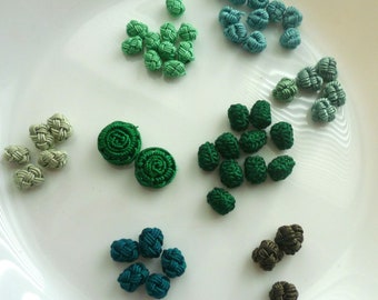 Blues and greens Moroccan art silk  beads/buttons , flowers, knot, decorative, flat round , circular set of 50