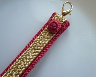 Art silk Moroccan decorative wristlet or key chain, art silk accessory, coral pink and gold , textile