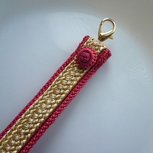 Art silk Moroccan decorative wristlet or key chain, art silk accessory, coral pink and gold , textile