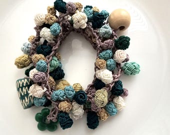 Hand made Moroccan crochet button necklace/bracelet, art silk, emerald turquoise cream and gold