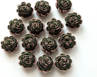 Dark green and bronze metallic Moroccan art silk handmade buttons, flower set of  14