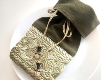 Moroccan bag,  linen drawstring pouch,  Moroccan embroidered fabric, purse, gold and olive