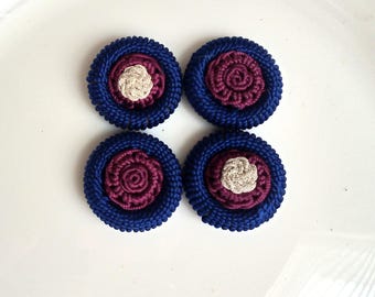 Moroccan blue art silk handmade embellishment buttons, with fuchsia and silver metallic flower set of 4