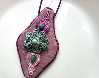 Dusky pink linen Moroccan passementerie pendant necklace , adjustable