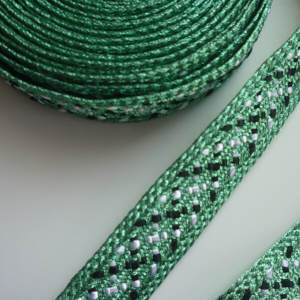 Moroccan green metallic trim with black and white  art silk pattern, caftan trim, medium, 5 metres