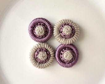 Lilac art silk and silver metallic Moroccan handmade embellishment buttons, flower set of 4