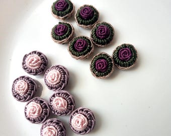 14 Art silk Moroccan handmade buttons, dark green bronze and fuchsia lilac and pink