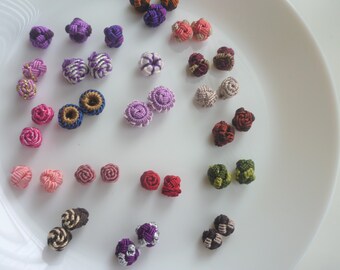Moroccan art silk  beads/buttons ,handmade, flowers rosebud, knot, decorative, flat round , circular multicoloured set of 38