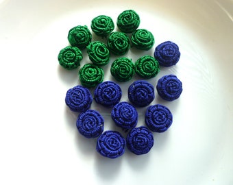 Emerald and cobalt Moroccan art silk  beads/buttons, handmade, round set of 20