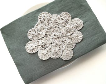Moroccan embroidered linen purse, sage green and metallic silver