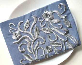 Moroccan embroidered purse, sky blue and metallic silver