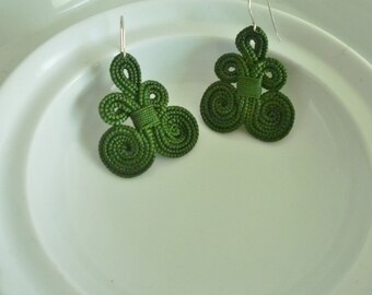 Dark green, eden green art silk, lacey, Moroccan arabesque earrings, handmade, fall earrings