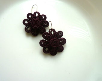 Dark  red Moroccan soutache flower earrings, handmade, art silk, large size