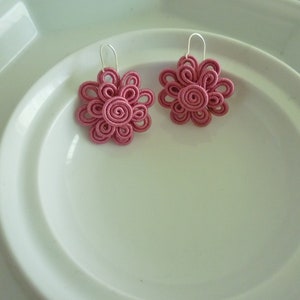 Moroccan soutache flower earrings, handmade,  mid pink ,  art silk, large size
