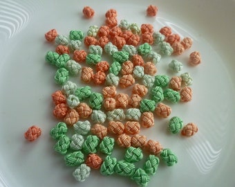 SALE Moroccan art silk  beads/buttons, handmade, mini fiber buttons, peach turquoise and light green, set of 100